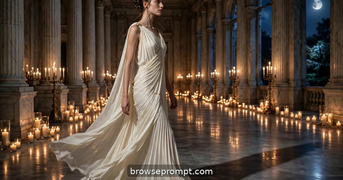 A model in a draped ivory Grecian gown glides down a candle-lined aisle inside a marble palace hall.
