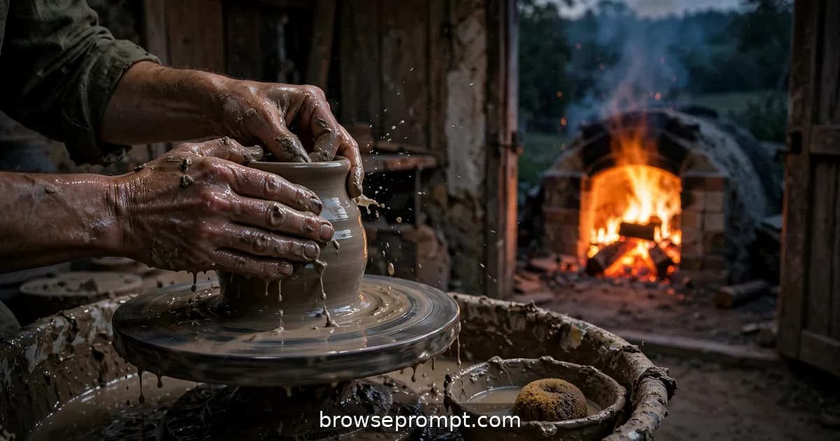 A potter's hands raise a clay vessel on the wheel as a wood kiln roars orange at dusk outside.