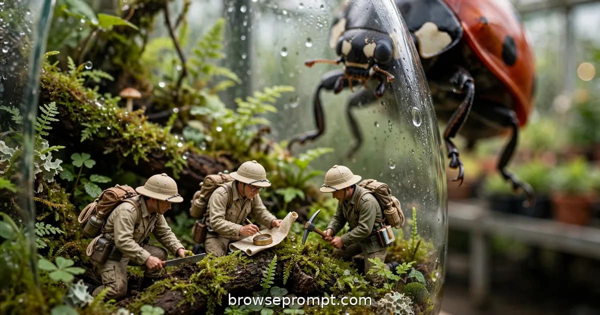 Tilt-shift photo of tiny explorers in pith helmets mapping a jungle inside a glass terrarium.