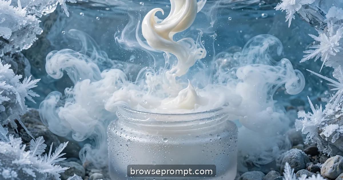 A swirl of cream blooming into milky clouds in crystalline water beside a frosted jar beaded with condensation.