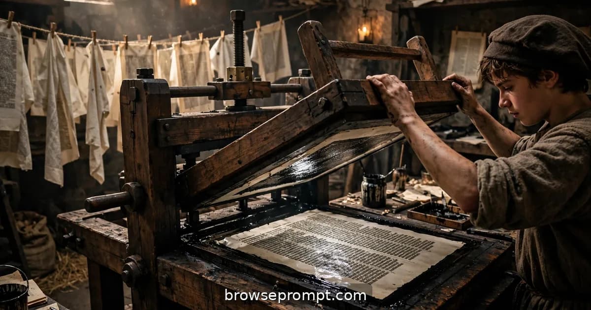 A wooden printing press slams down in a Mainz workshop, revealing a perfect glistening page of the Gutenberg Bible.