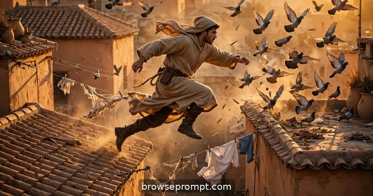 Thief vaulting a parapet across sun-baked Marrakech rooftops at golden hour, cinematic still.