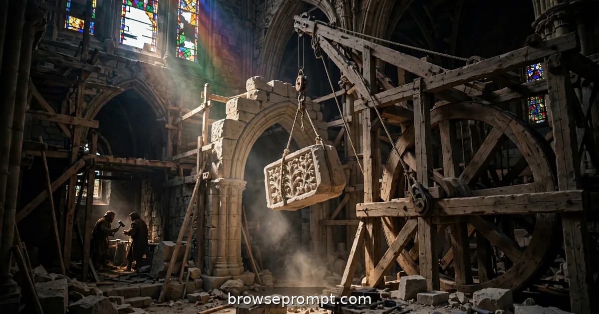 Medieval masons raise a Gothic arch as a treadwheel crane lifts a carved stone into colored light from unfinished stained glass.