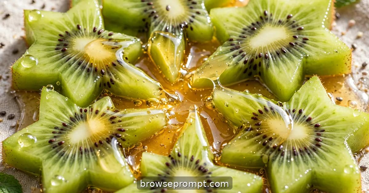 Star-shaped kiwi slices arranged in a pinwheel on a white plate, honey drizzled between the neon-green stars.