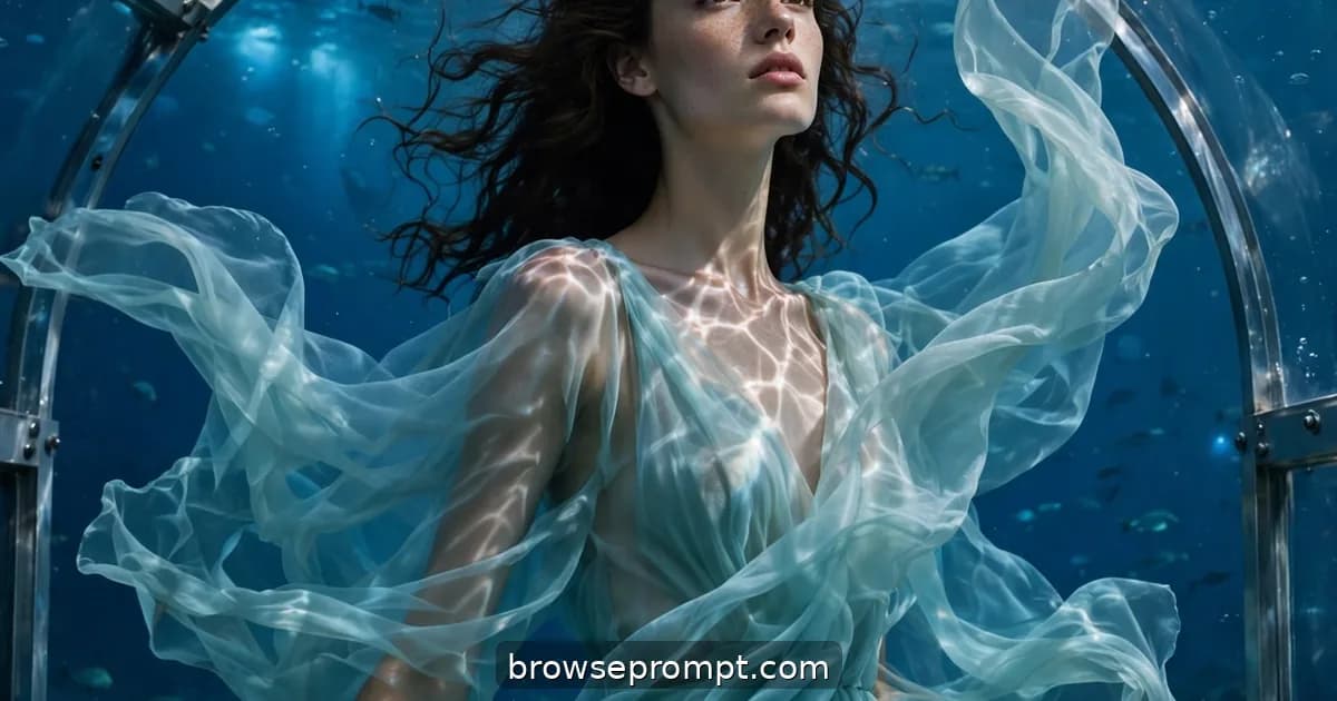 A model in a flowing aqua chiffon gown drifts down a glass aquarium tunnel runway as manta rays glide overhead.