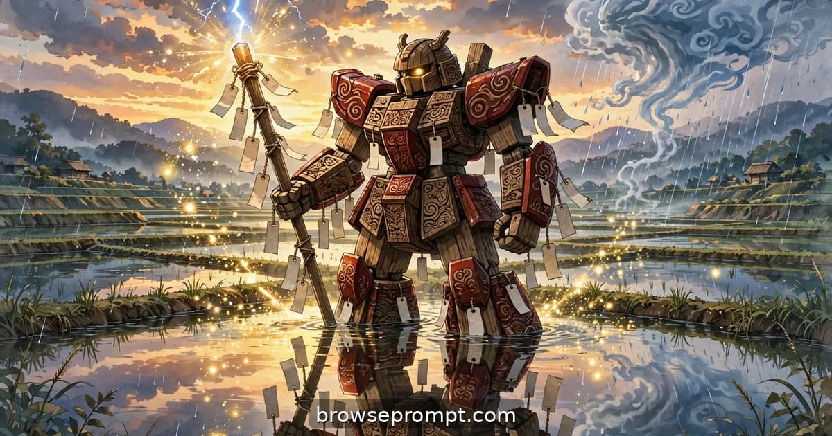 A carved wooden folk-art mecha wades through mirror-bright rice paddies to face a swirling storm spirit at sunset.