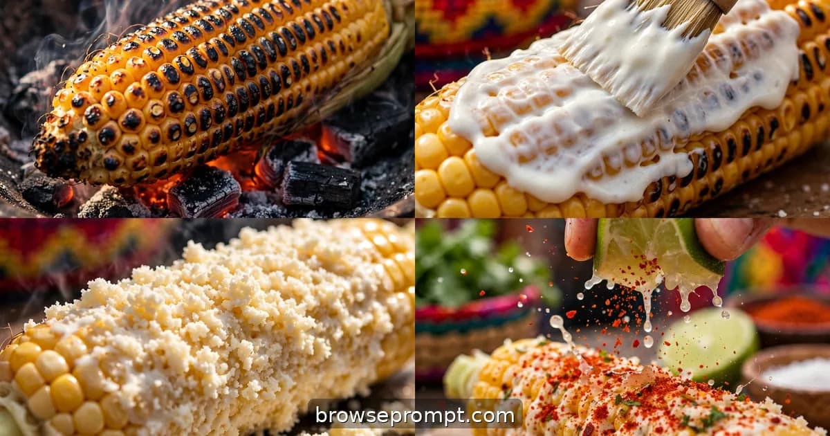 Corn charring over glowing coals, then slathered with crema, rolled in cotija, dusted with chili and lime.