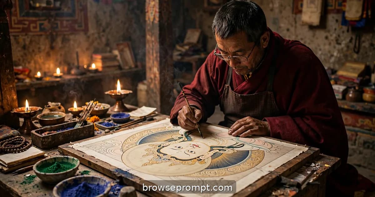 A thangka painter lays impossibly fine brush lines on a deity's face by butter-lamp light in a Himalayan monastery.