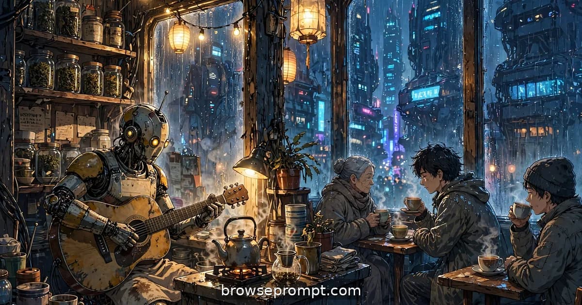 An obsolete android with a cracked smile-plate plays slow blues on a battered guitar in a tiny lantern-lit tea shop.