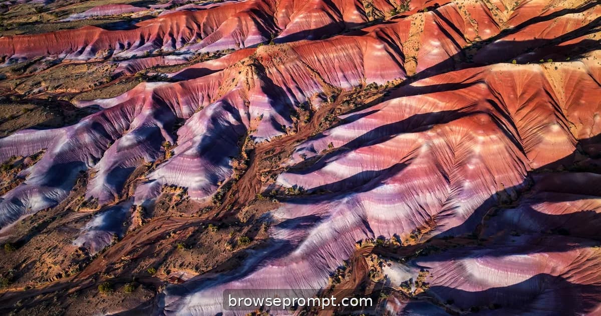 Aerial nature cover art: a drone drifts over banded badlands — red, pink, lavender strata — like a geological rainbow.