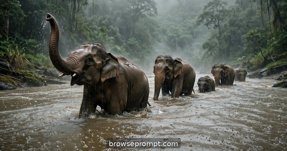 A herd of Asian elephants crosses a rain-swollen river in the misty Western Ghats during a monsoon downpour.