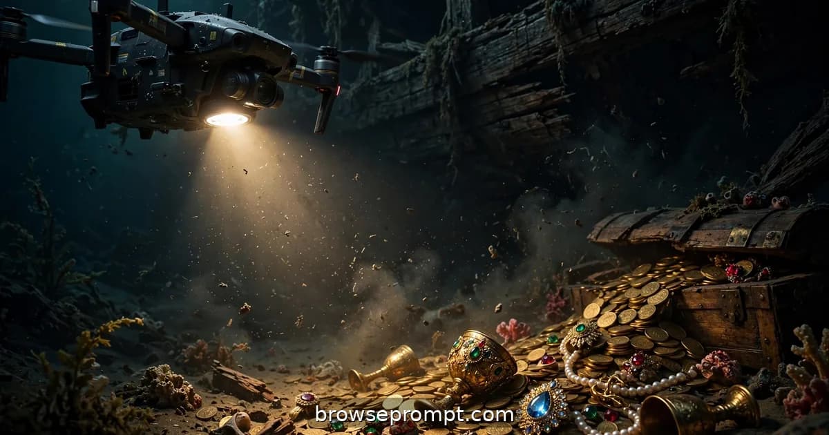 A drone exploring a sunken galleon's treasury vault spilling gold across the seabed.