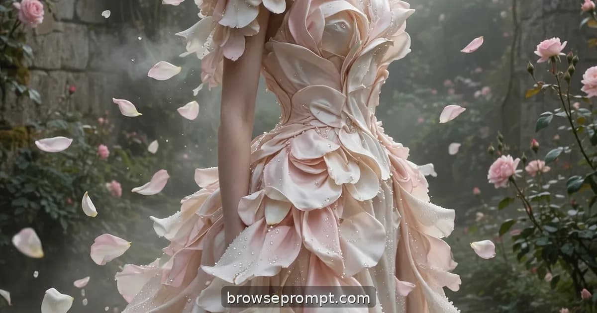 A model in a sculpted gown of silk petals stands motionless in a walled rose garden at dawn as petals scatter.