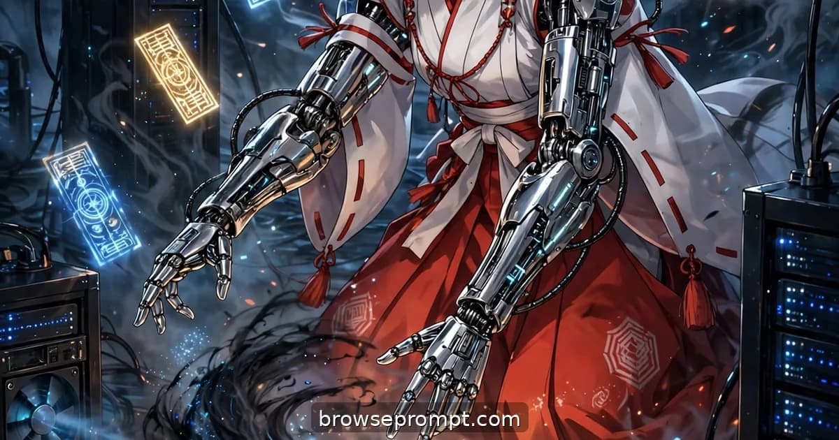 A chrome-armed shrine maiden waves a fiber-optic wand, sealing corrupted data-spirits into a glowing talisman.
