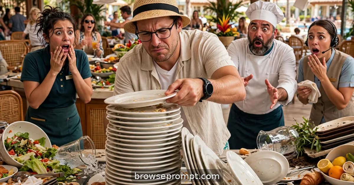 Comedic cover art: at an all-inclusive resort, a determined guest builds a leaning tower of buffet plates while the staff watches in awe and horror.