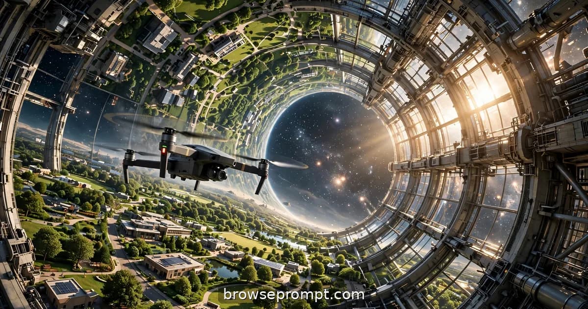A drone flying the curve of a rotating space habitat interior, parks and streets arcing overhead.
