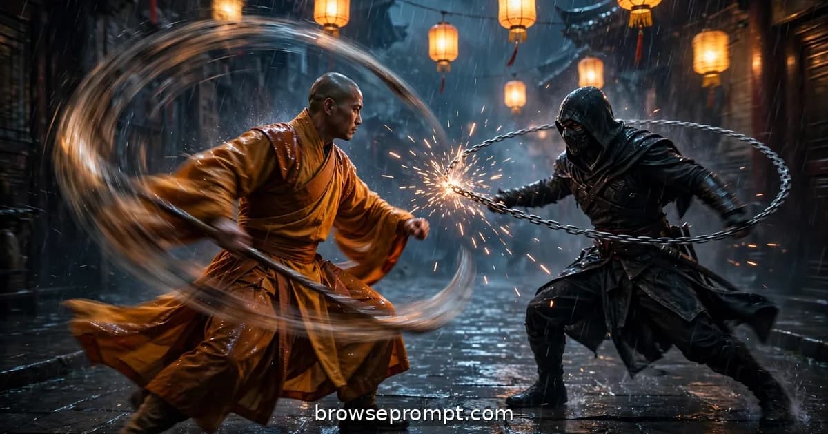 Monk spinning a bo staff against a chain whip in a rainy temple courtyard, cinematic still.
