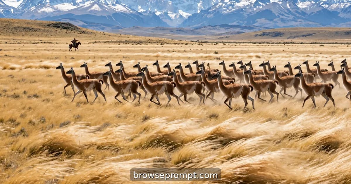 Guanaco herd running across golden Patagonian steppe grass with the Andes' white wall on the horizon.