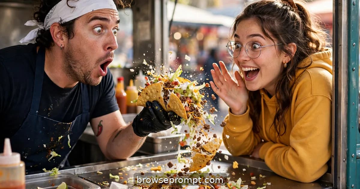 Comedic cover art: a food-truck cook overstuffs a taco for a customer dare, and the shell stages a dramatic structural failure at the pickup window.