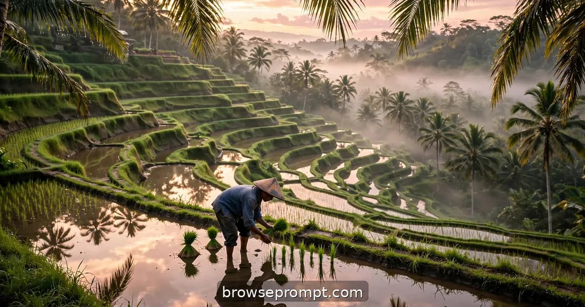Tegalalang's green rice terrace amphitheater glowing at dawn with a farmer's reflection in the paddy.