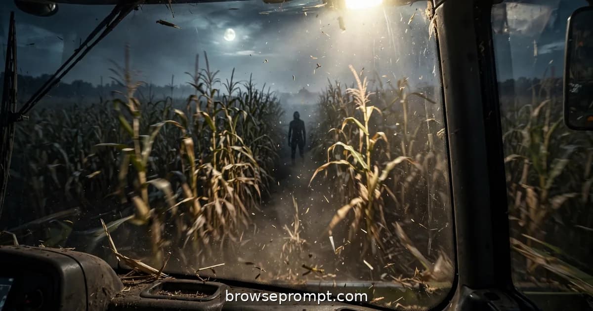 Dark cinematic still of the thing in the cornfield: rural, primal, exposed, harvest moon silver against harsh work-light glare.