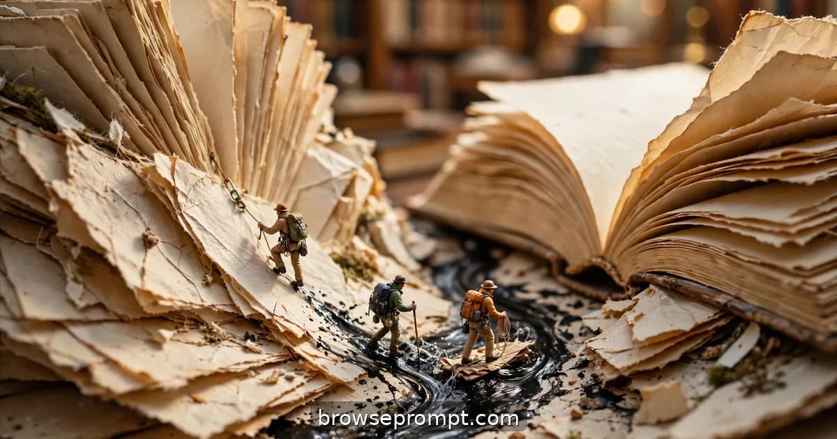 Tilt-shift photo of tiny explorers climbing page-cliffs in a canyon of giant open books.