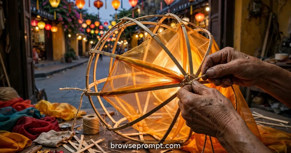 An elderly lantern maker's weathered hands lash a bamboo frame as finished silk lanterns glow above a Hội An street.