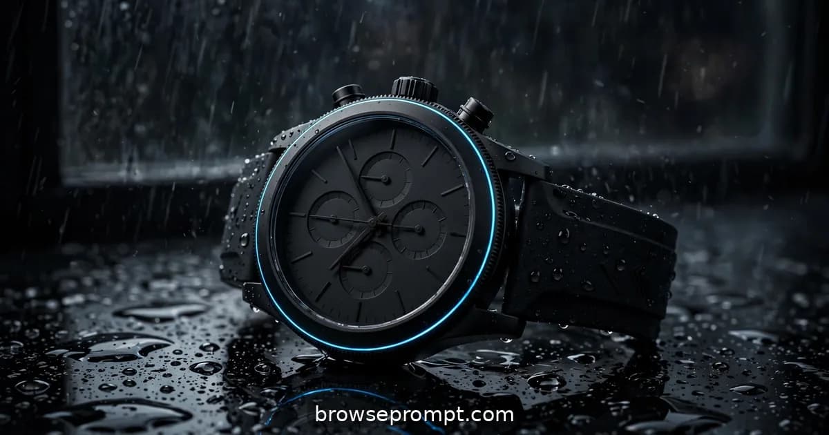 A matte black chronograph watch on wet obsidian glass, its bezel catching slivers of neon-blue light in the dark.