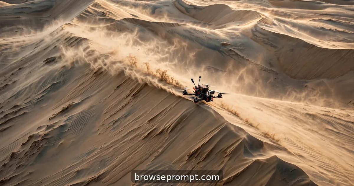 Aerial nature cover art: an FPV drone surfs the razor crests of giant dunes, sand streaming in the wind.