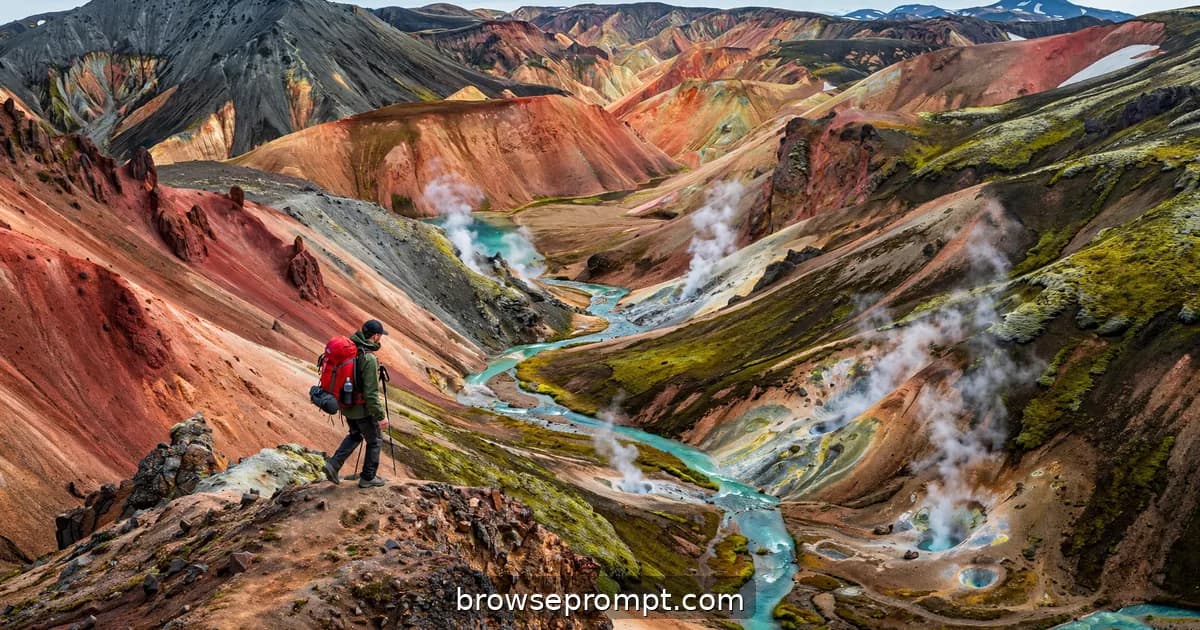 Hiker crossing Landmannalaugar's rust-red and ochre striped rhyolite mountains in Iceland.