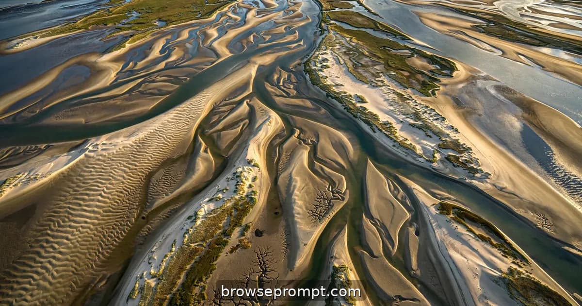 Aerial nature cover art: tidal flats reshape in fast-forward feel as the drone watches channels braid and sandbars migrate.