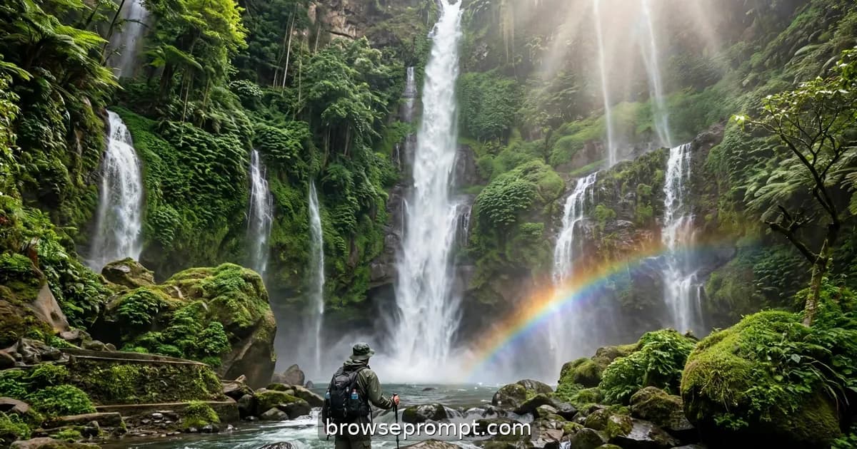 Sekumpul's 80-meter main cascade thundering down a green cliff with six smaller falls beside it.