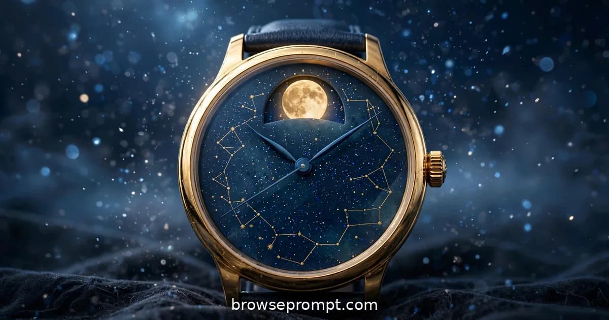 A moonphase watch with a starry aventurine dial glowing beneath a night sky full of drifting clouds.
