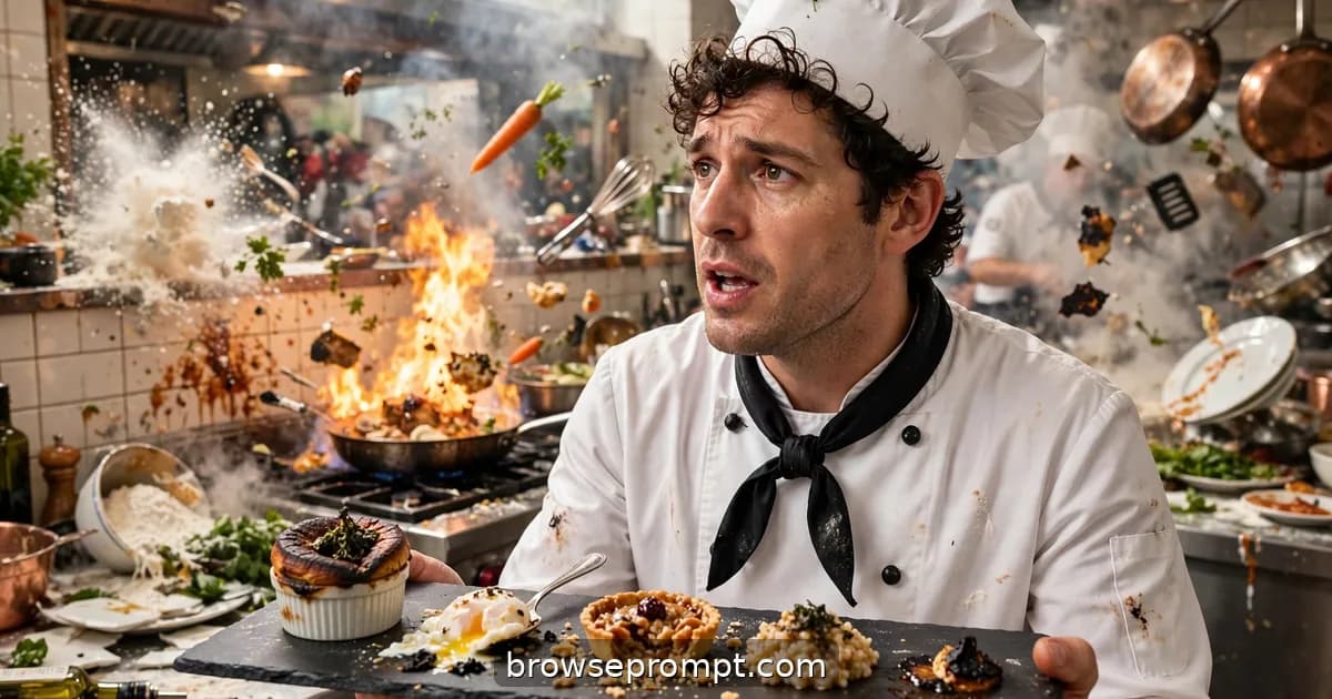 Comedic cover art: a pretentious pop-up chef serves a five-course tasting menu where every dish is a personal failure, narrated with total sincerity.