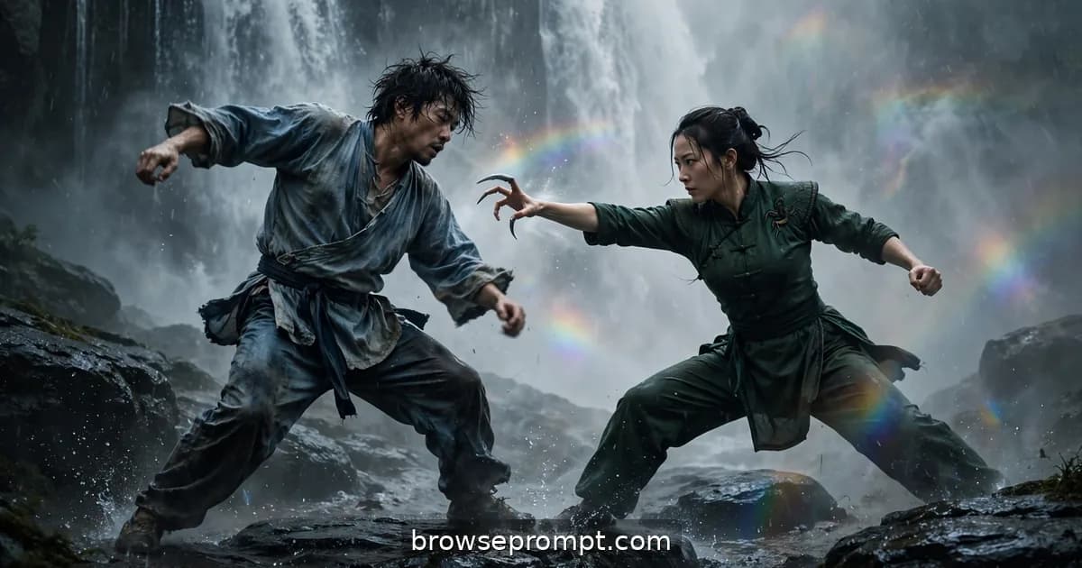 Two martial artists dueling on wet rocks beneath a thundering waterfall, cinematic still.