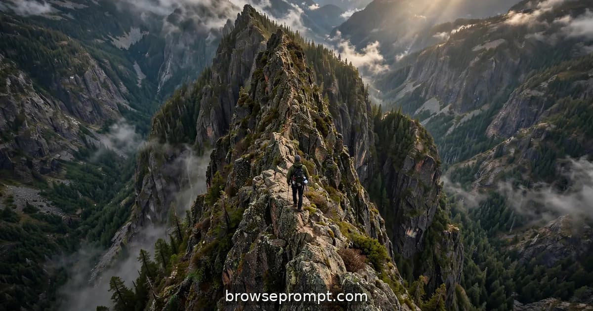 Aerial nature cover art: a drone follows a lone hiker traversing a razor arete, drops falling away on both sides.