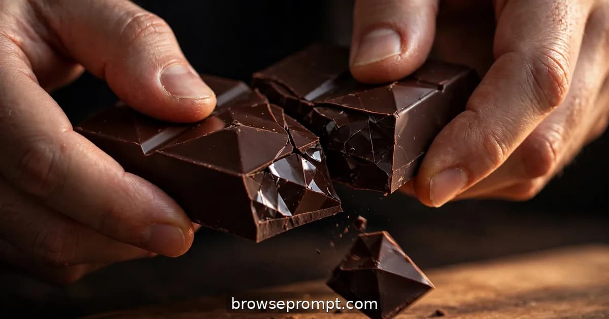 Hands snapping a thick tempered dark chocolate bar, a clean break revealing a glossy faceted interior.