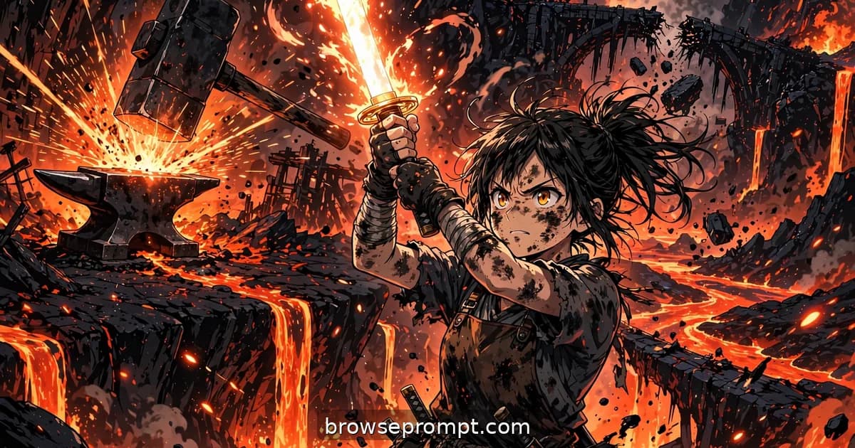 A young sword apprentice seizes a white-hot katana from an anvil inside a erupting volcanic forge of lava rivers.
