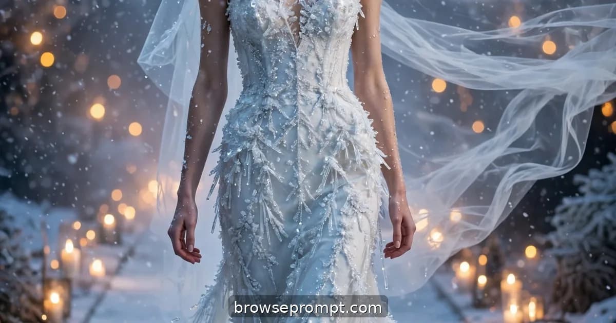 A finale bride in an ice-crystal beaded gown walks a frosted runway as thick artificial snow falls around her.