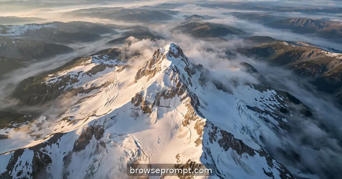 Aerial nature cover art: a lone alpine summit turns slowly beneath an orbiting drone, snowfields glowing in the morning calm.