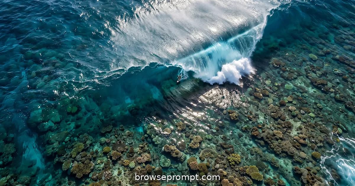 Aerial nature cover art: from above, a perfect barrel peels across a reef, the surfer a speck inside the glass.