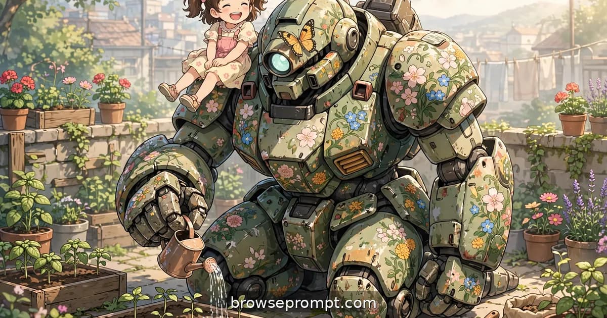 A moss-patched retired war mecha delicately mists seedlings on a sunny rooftop garden while a little girl rides its shoulder.