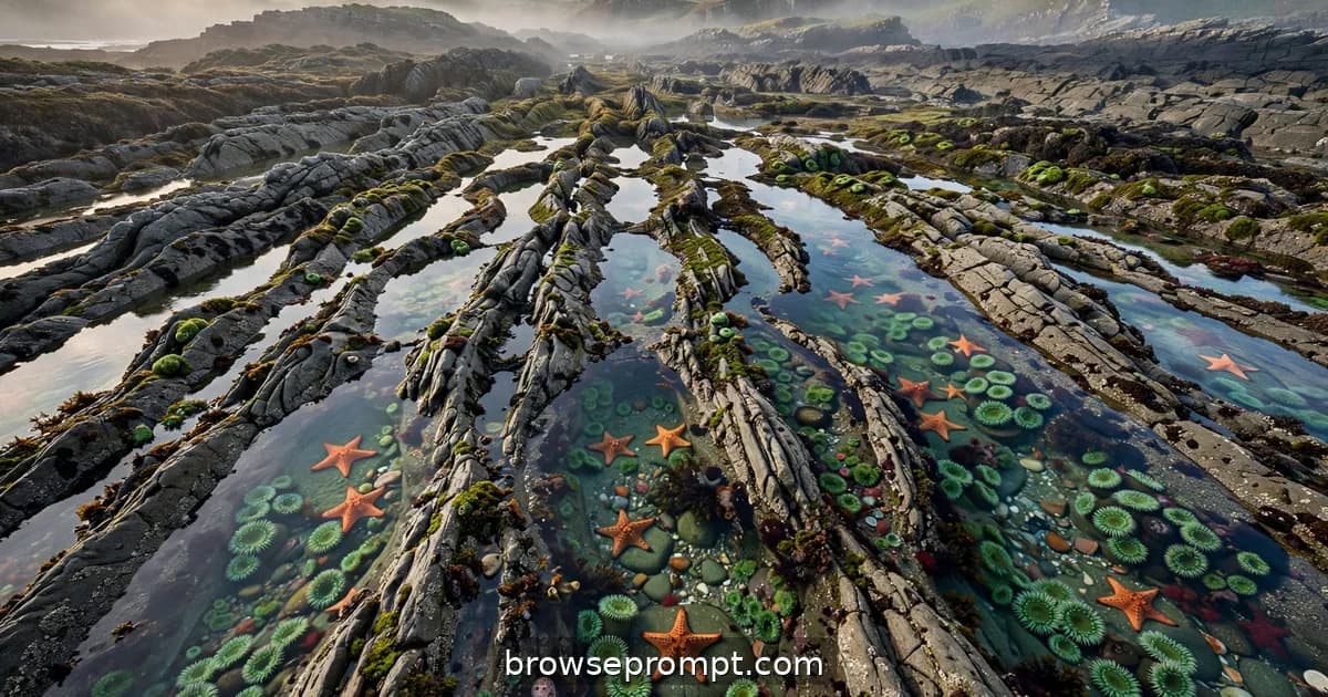 Aerial nature cover art: at low tide, rock pools become abstract art — orange starfish, green anemones — in a top-down drone study.