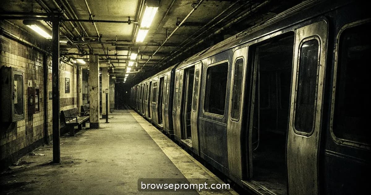 A cinematic horror still of the subway turnstile — transit liminal dread under platform sodium lights against the train's dead windows.