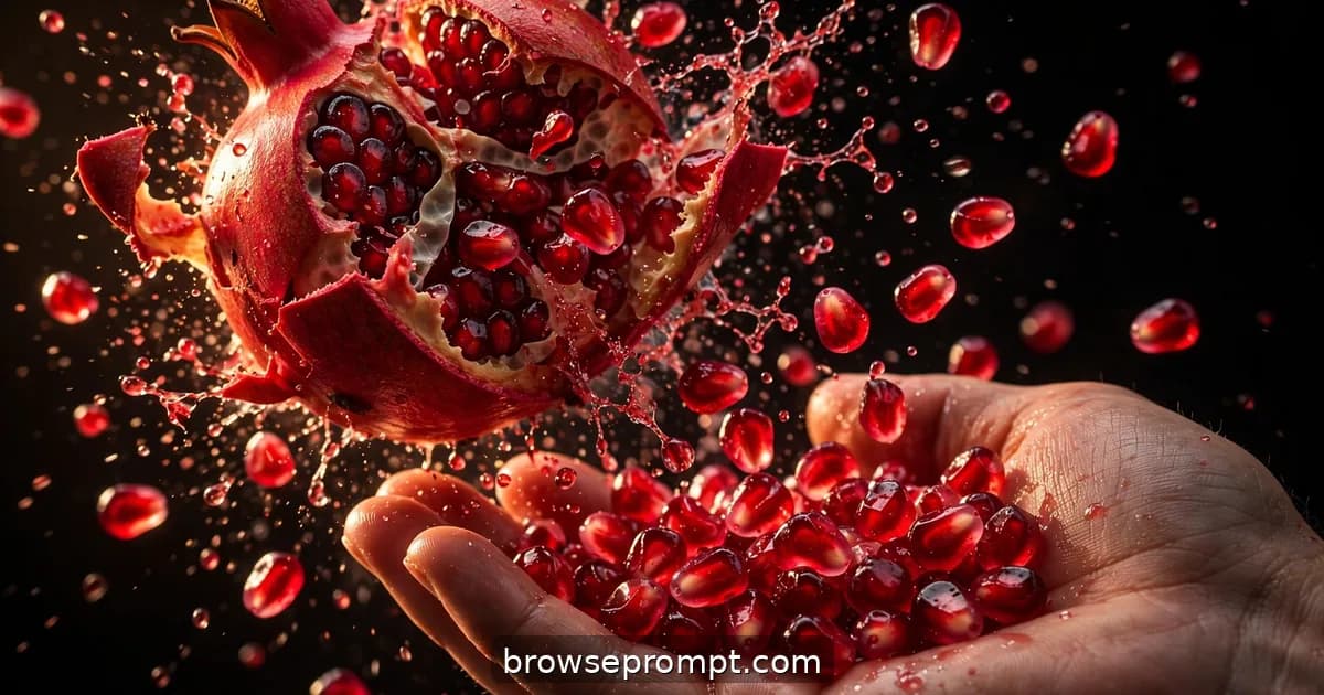 A pomegranate cracked open by hand, ruby arils avalanching across a dark surface, juice splattering.