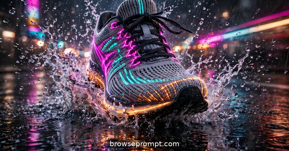 A reflective-knit running shoe mid-sprint on rain-slicked streets, threads igniting under magenta neon.