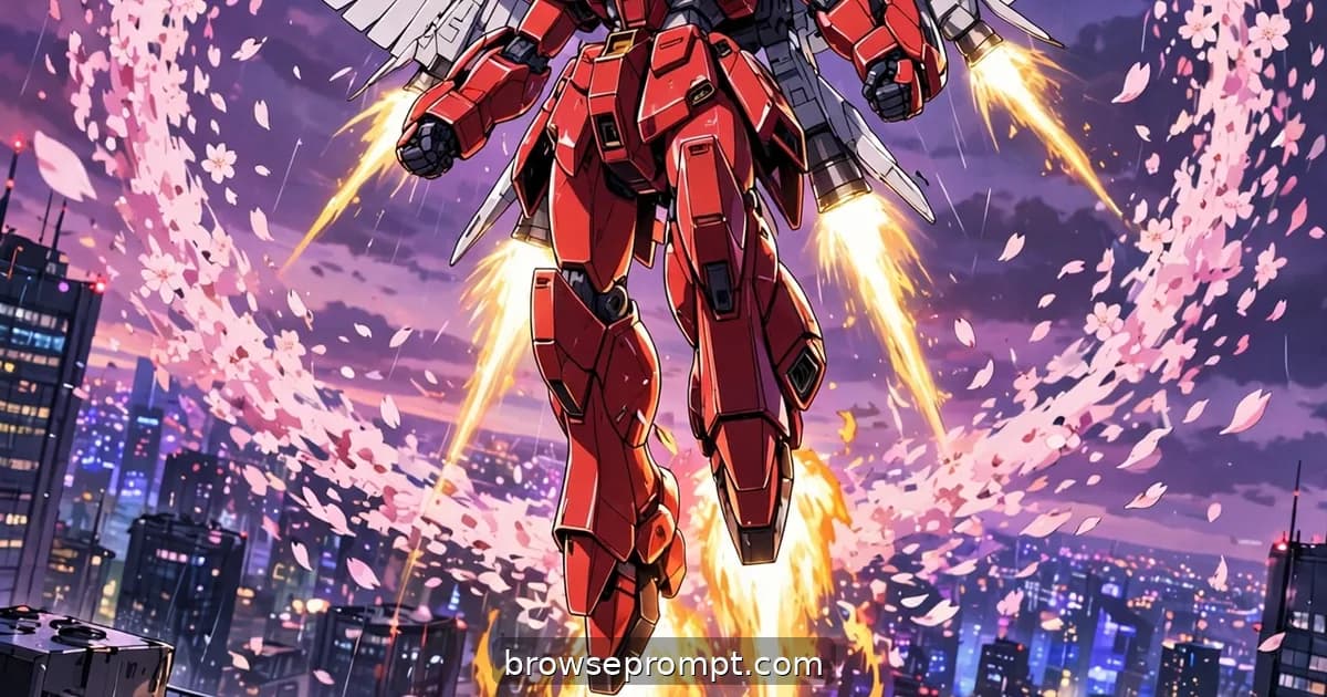 A cherry-red mecha with crane-wing thrusters rockets skyward from a rainy Neo-Osaka rooftop launch pad at dusk.