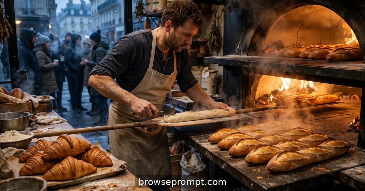 A Paris baker slides scored baguettes into a glowing deck oven at 4 AM as a dawn queue forms outside.