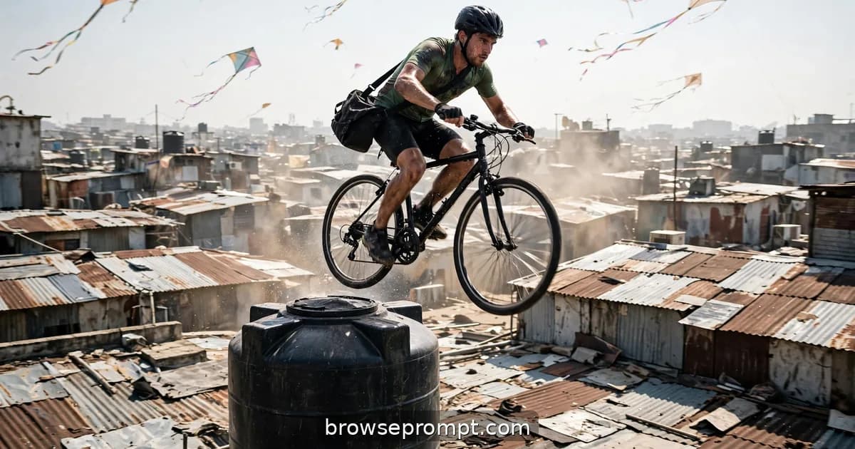 Messenger vaulting a water tank across Mumbai rooftops amid flying kites at midday, cinematic still.