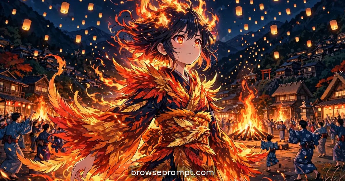 A girl in a yukata ignites into a phoenix-feathered flame guardian as she lights the great festival lantern at night.